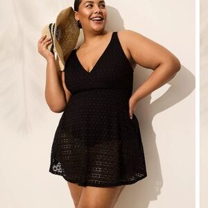 Cacique Lane Bryant crochet Black Swim Dress Swimsuit New
